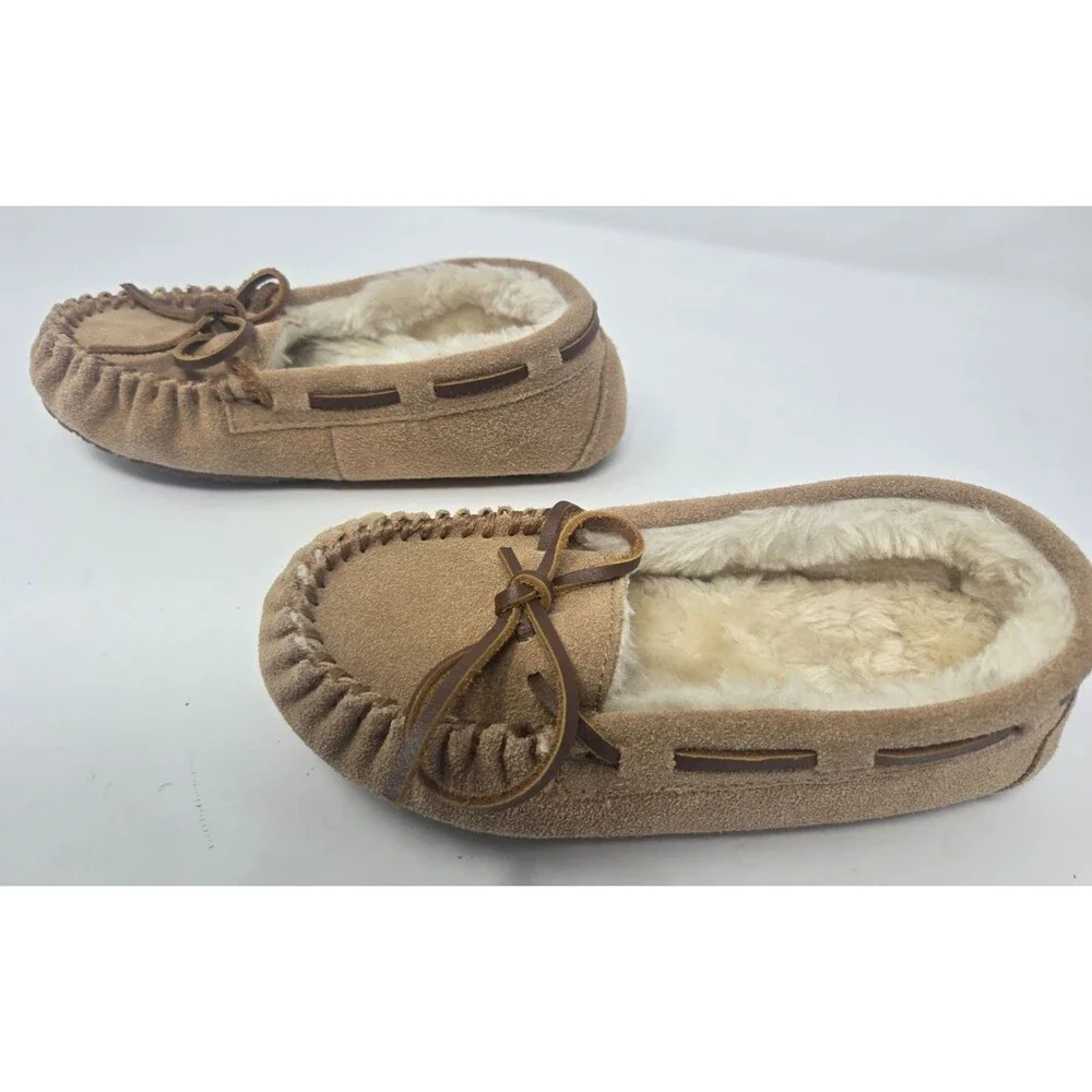 Minnetonka Kids Moccasin Slippers Size 13 Tan Suede Faux Fur Tie Cabincore